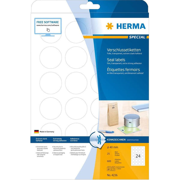 Herma Round Transparent Seal Labels A4 25pc 40mm