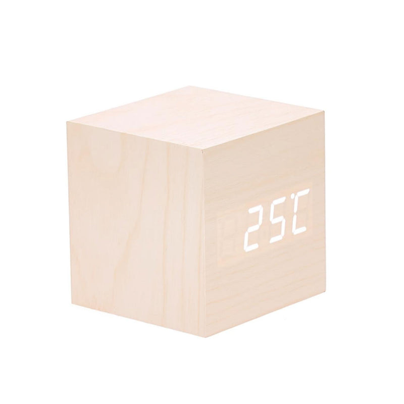 Zegar na biurko LED z drewnianą kostką z wyświetlaczem temperatury i daty