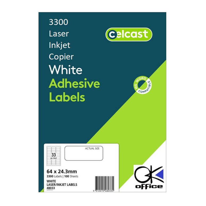Etykiety Celcast do drukarek laserowych/atramentowych, białe (100 szt.)