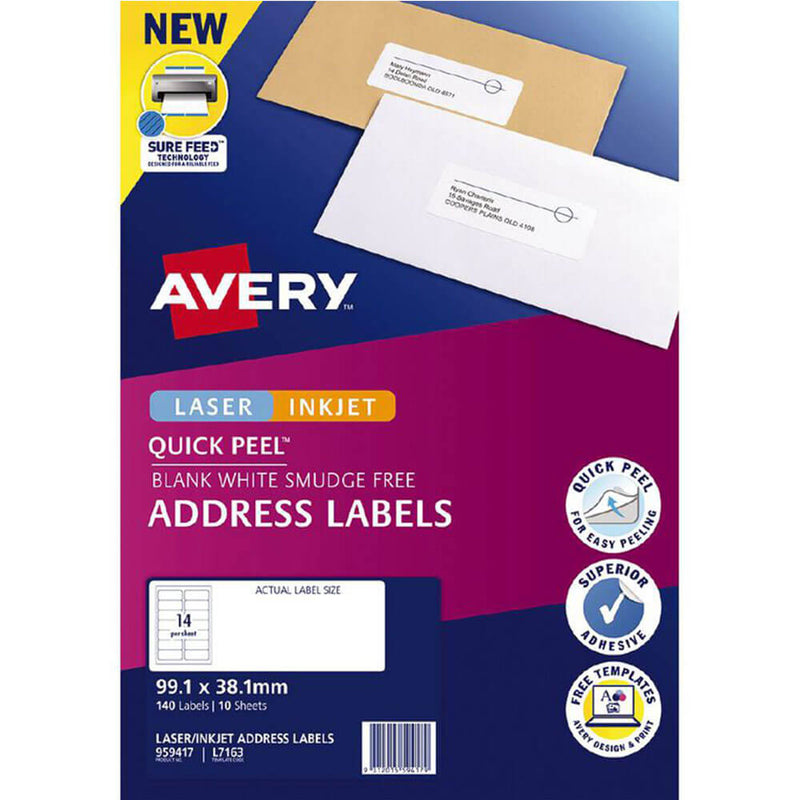Etykiety adresowe Avery Laser Inkjet z możliwością szybkiego odklejania