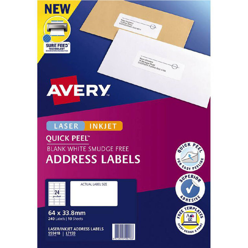 Etykiety adresowe Avery Laser Inkjet z możliwością szybkiego odklejania